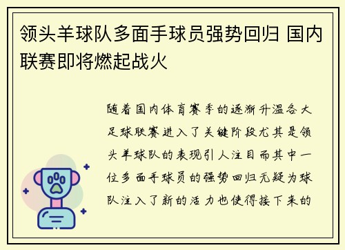 领头羊球队多面手球员强势回归 国内联赛即将燃起战火 领头羊球队多面手球员强势回归 国内联赛即将燃起战火